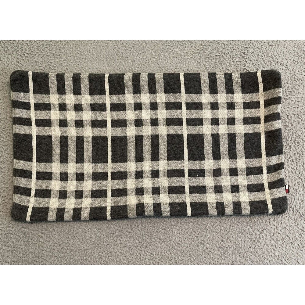 Tommy Hilfiger Gray Plaid Sweater Pillow Cover Wool Blend 26x14 Christmas Winter